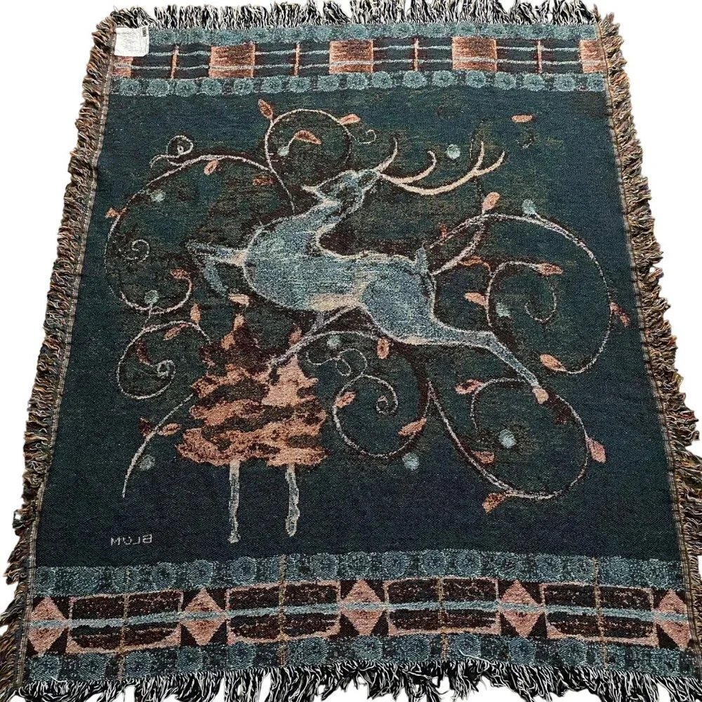 Cheri Blum Leaping Deer Tapestry Throw Blanket Afghan 58x48 Cotton‎ Reversible